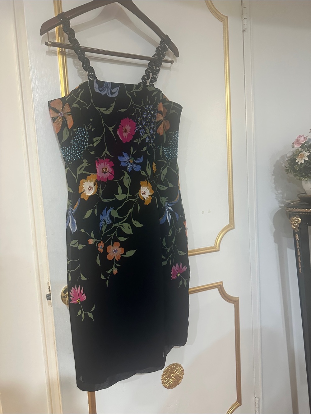 Floral Black Sleeveless Midi Dress with Braided Straps. Size 14